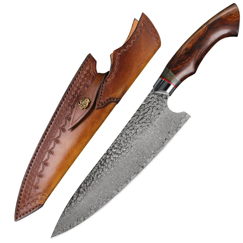 FZIZUO Damascus Steel Chef Knife Kitchen Knives Desert Ironwood Wood Handle Kitchen Cooking Tools With Handmade Leather Sheath.
