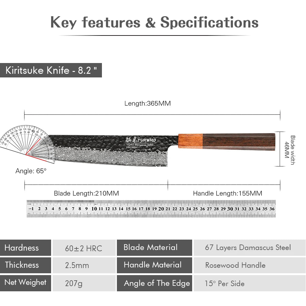 Japanese Damascus Steel Kiritsuke Chef Knife - 82-inch Sleek Design