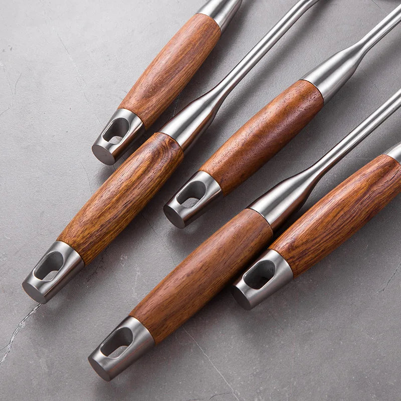 7-Pc Stainless Steel Kitchen Utensil Set with Holder Wooden Handles