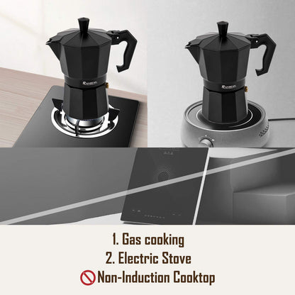 Stovetop Espresso Maker- Classic Italian Moka Pot with 2 Cups and Gift Package Aluminum- Black