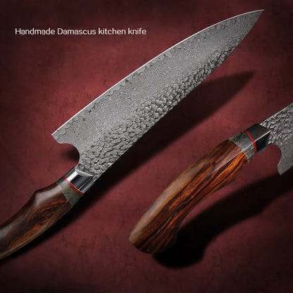 FZIZUO Damascus Steel Chef Knife Kitchen Knives Desert Ironwood Wood Handle Kitchen Cooking Tools With Handmade Leather Sheath.