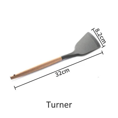 Silicone Cooking Utensils Wooden Handle Non-Stick Spatula Spoon Turner Soup Ladle Whisk Kitchen Cooking Tools Gadget.