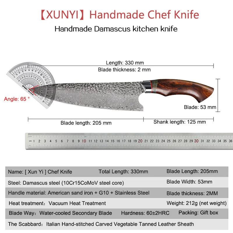 FZIZUO Damascus Steel Chef Knife Kitchen Knives Desert Ironwood Wood Handle Kitchen Cooking Tools With Handmade Leather Sheath.