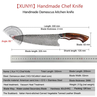 FZIZUO Damascus Steel Chef Knife Kitchen Knives Desert Ironwood Wood Handle Kitchen Cooking Tools With Handmade Leather Sheath.