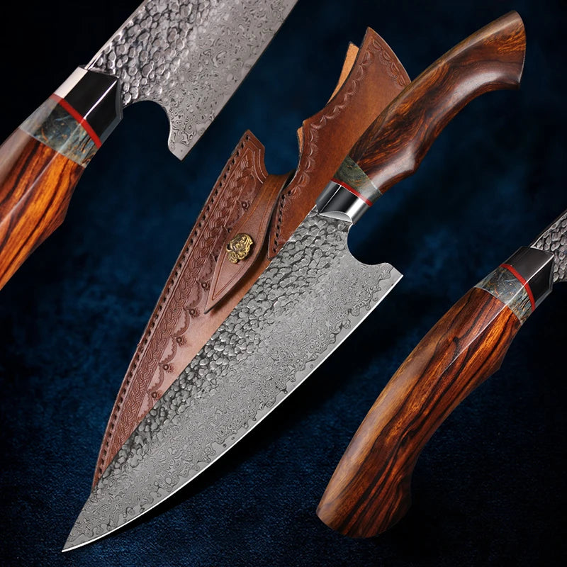 FZIZUO Damascus Steel Chef Knife Kitchen Knives Desert Ironwood Wood Handle Kitchen Cooking Tools With Handmade Leather Sheath.