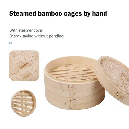 Bamboo Steamer Basket Set for Dumpling and Dim Sum Cooking - Kitchen Tools with Cover