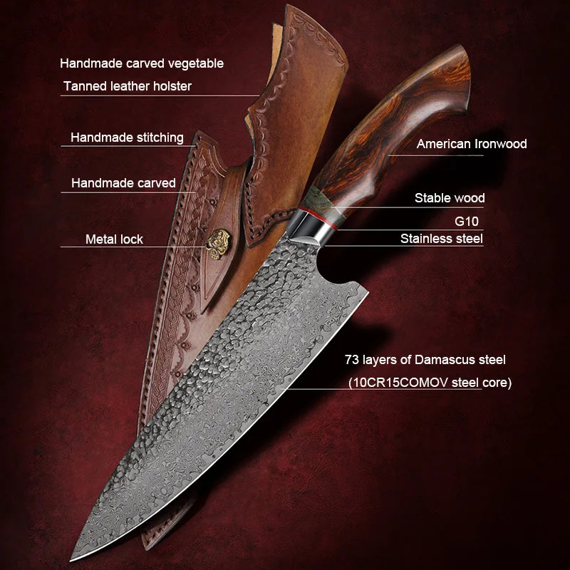 FZIZUO Damascus Steel Chef Knife Kitchen Knives Desert Ironwood Wood Handle Kitchen Cooking Tools With Handmade Leather Sheath.
