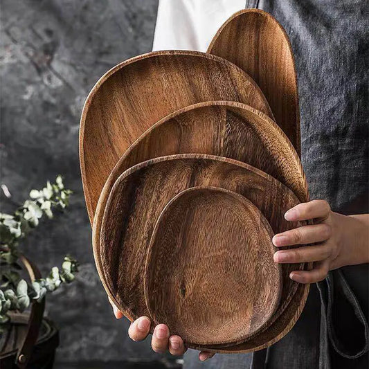 Wooden Dish Set - Oval Plates Saucers Tea Tray Tableware for Dessert and Dinner