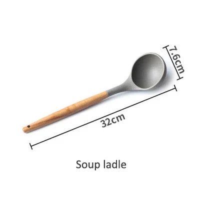 Silicone Cooking Utensils Wooden Handle Non-Stick Spatula Spoon Turner Soup Ladle Whisk Kitchen Cooking Tools Gadget.