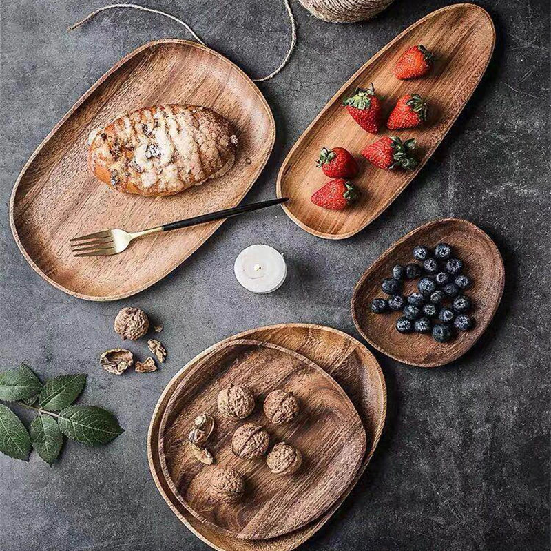 Wooden Dish Set - Oval Plates Saucers Tea Tray Tableware for Dessert and Dinner