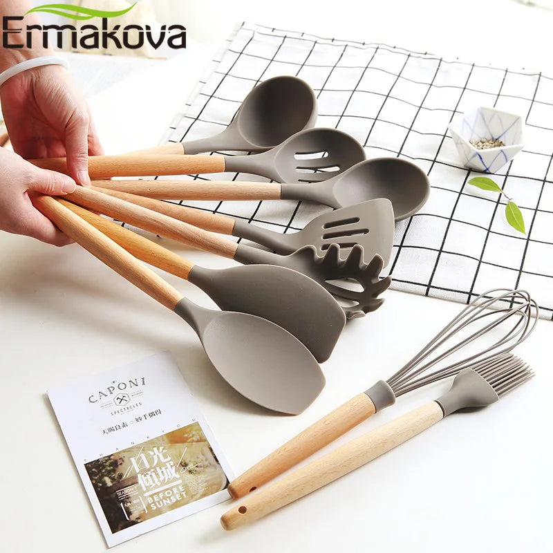 Silicone Cooking Utensils Wooden Handle Non-Stick Spatula Spoon Turner Soup Ladle Whisk Kitchen Cooking Tools Gadget.