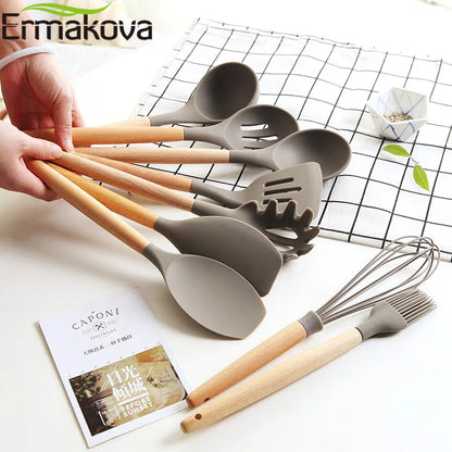 Silicone Cooking Utensils Wooden Handle Non-Stick Spatula Spoon Turner Soup Ladle Whisk Kitchen Cooking Tools Gadget.