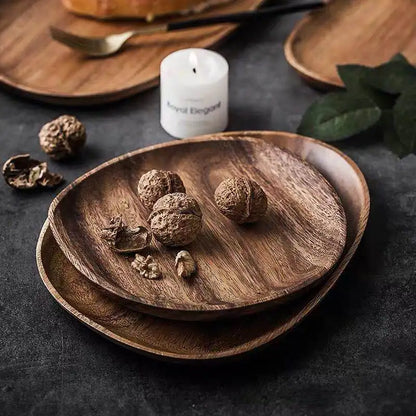 Wooden Dish Set - Oval Plates Saucers Tea Tray Tableware for Dessert and Dinner