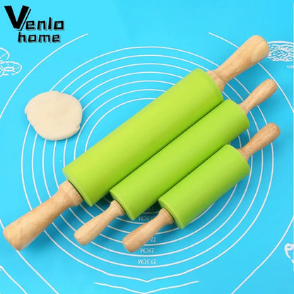 Non-Stick Silicone Rolling Pin with Wooden Handle Dough Roller