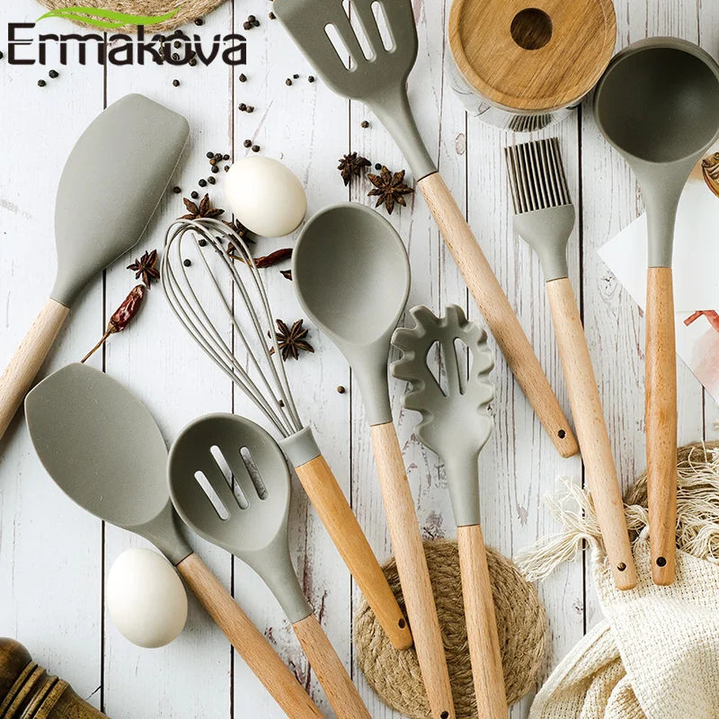 Silicone Cooking Utensils Wooden Handle Non-Stick Spatula Spoon Turner Soup Ladle Whisk Kitchen Cooking Tools Gadget.