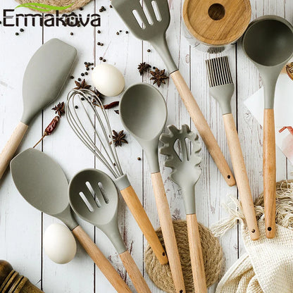 Silicone Cooking Utensils Wooden Handle Non-Stick Spatula Spoon Turner Soup Ladle Whisk Kitchen Cooking Tools Gadget.
