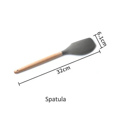 Silicone Cooking Utensils Wooden Handle Non-Stick Spatula Spoon Turner Soup Ladle Whisk Kitchen Cooking Tools Gadget.
