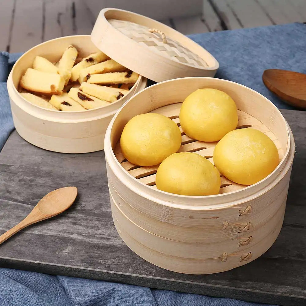Bamboo Steamer Basket Set for Dumpling and Dim Sum Cooking - Kitchen Tools with Cover