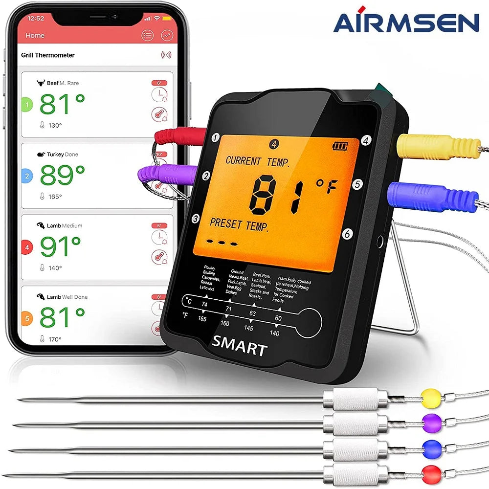 AIRMSEN Wireless Bluetooth Remote Digital Kitchen Cooking Food Meat Backlight Thermometer With Probe For BBQ Smoker Grill Oven.