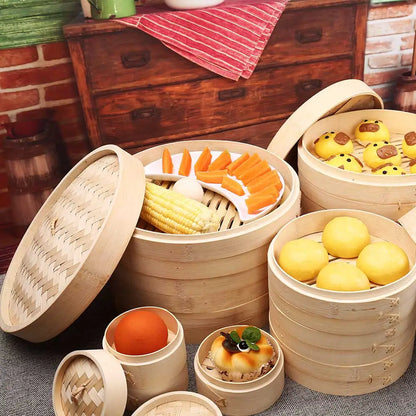 Bamboo Steamer Basket Set for Dumpling and Dim Sum Cooking - Kitchen Tools with Cover