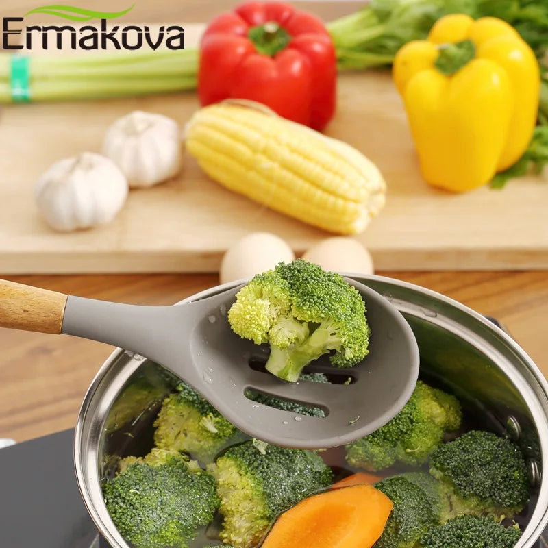 Silicone Cooking Utensils Wooden Handle Non-Stick Spatula Spoon Turner Soup Ladle Whisk Kitchen Cooking Tools Gadget.