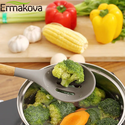 Silicone Cooking Utensils Wooden Handle Non-Stick Spatula Spoon Turner Soup Ladle Whisk Kitchen Cooking Tools Gadget.