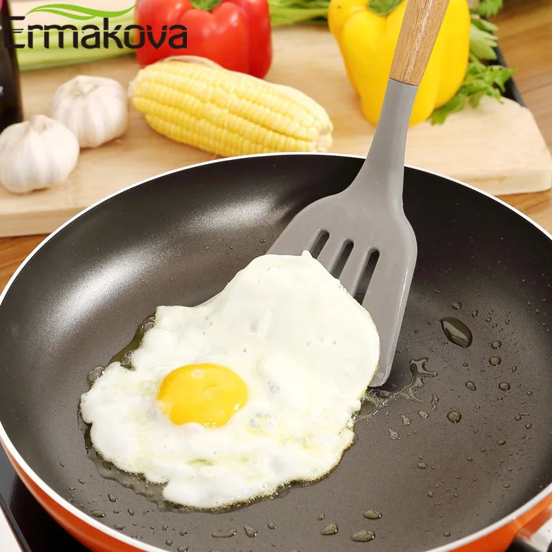 Silicone Cooking Utensils Wooden Handle Non-Stick Spatula Spoon Turner Soup Ladle Whisk Kitchen Cooking Tools Gadget.