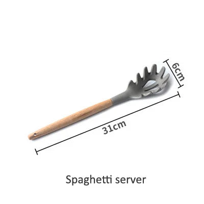 Silicone Cooking Utensils Wooden Handle Non-Stick Spatula Spoon Turner Soup Ladle Whisk Kitchen Cooking Tools Gadget.