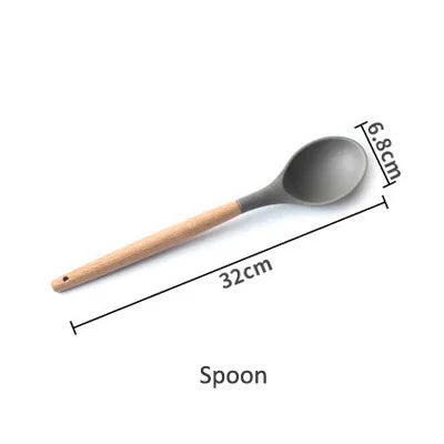 Silicone Cooking Utensils Wooden Handle Non-Stick Spatula Spoon Turner Soup Ladle Whisk Kitchen Cooking Tools Gadget.