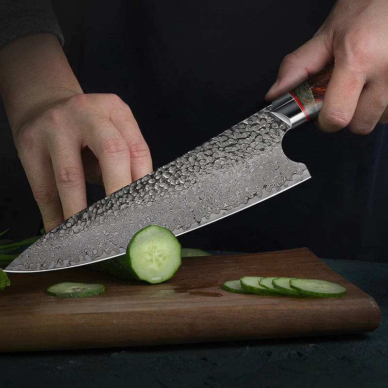 FZIZUO Damascus Steel Chef Knife Kitchen Knives Desert Ironwood Wood Handle Kitchen Cooking Tools With Handmade Leather Sheath.