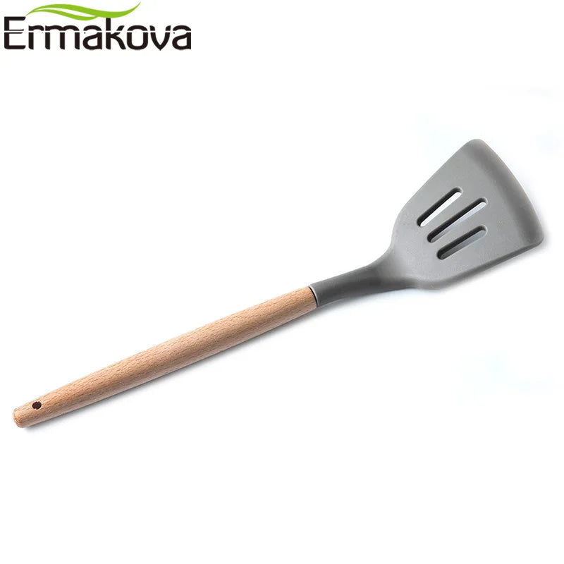 Silicone Cooking Utensils Wooden Handle Non-Stick Spatula Spoon Turner Soup Ladle Whisk Kitchen Cooking Tools Gadget.