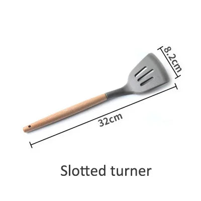 Silicone Cooking Utensils Wooden Handle Non-Stick Spatula Spoon Turner Soup Ladle Whisk Kitchen Cooking Tools Gadget.