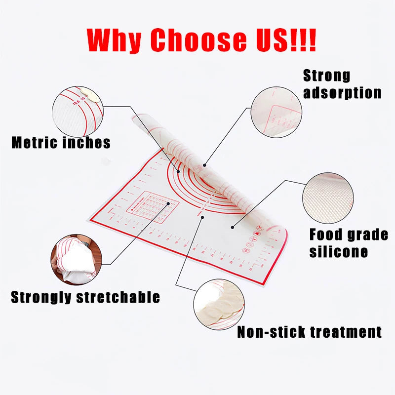 Silicone Baking Mat for Pizza and Pastry - Non-Stick Kneading Dough Mat with Gadgets and Bakeware Accessories