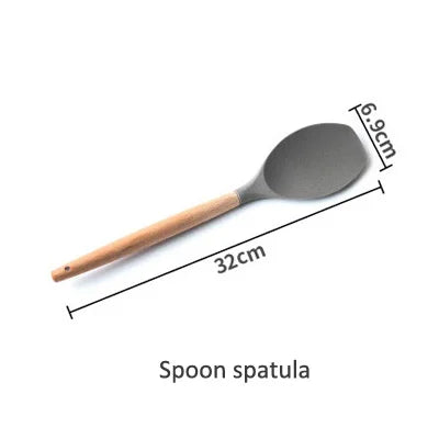 Silicone Cooking Utensils Wooden Handle Non-Stick Spatula Spoon Turner Soup Ladle Whisk Kitchen Cooking Tools Gadget.