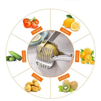 Kitchen Gadgets Handy Stainless Steel Onion Holder Potato Tomato Slicer Vegetable Fruit Cutter Safety Cooking Tools Accessories.