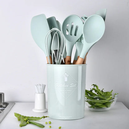 1PC Silicone Wood Turner Soup Spoon Spatula Brush Scraper Pasta Server Egg Beater Kitchen Cooking Tools Kitchenware Green/Pink.