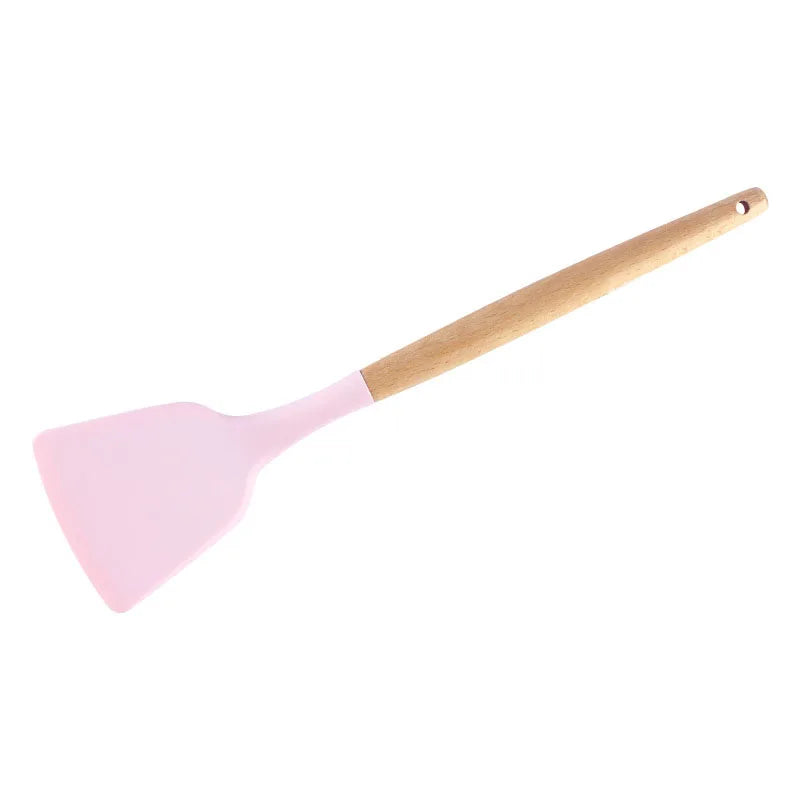 1PC Silicone Wood Turner Soup Spoon Spatula Brush Scraper Pasta Server Egg Beater Kitchen Cooking Tools Kitchenware Green/Pink.