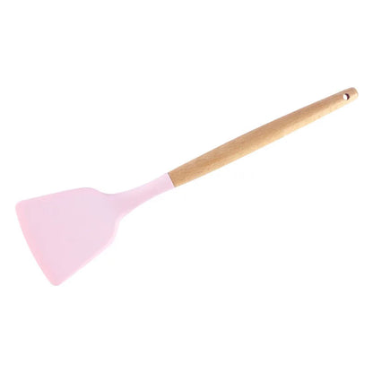 1PC Silicone Wood Turner Soup Spoon Spatula Brush Scraper Pasta Server Egg Beater Kitchen Cooking Tools Kitchenware Green/Pink.