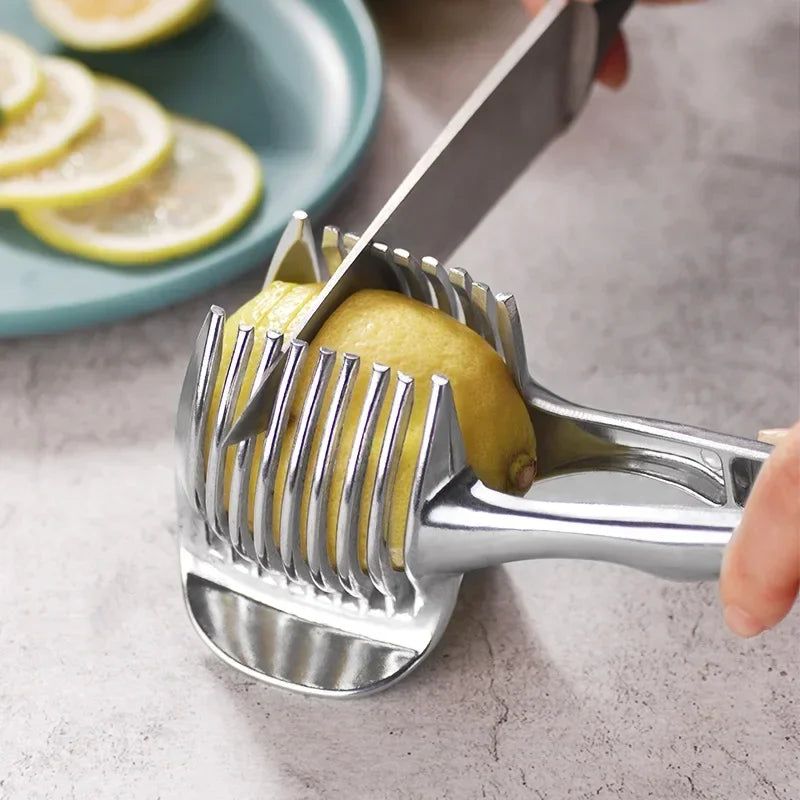 Kitchen Gadgets Handy Stainless Steel Onion Holder Potato Tomato Slicer Vegetable Fruit Cutter Safety Cooking Tools Accessories.