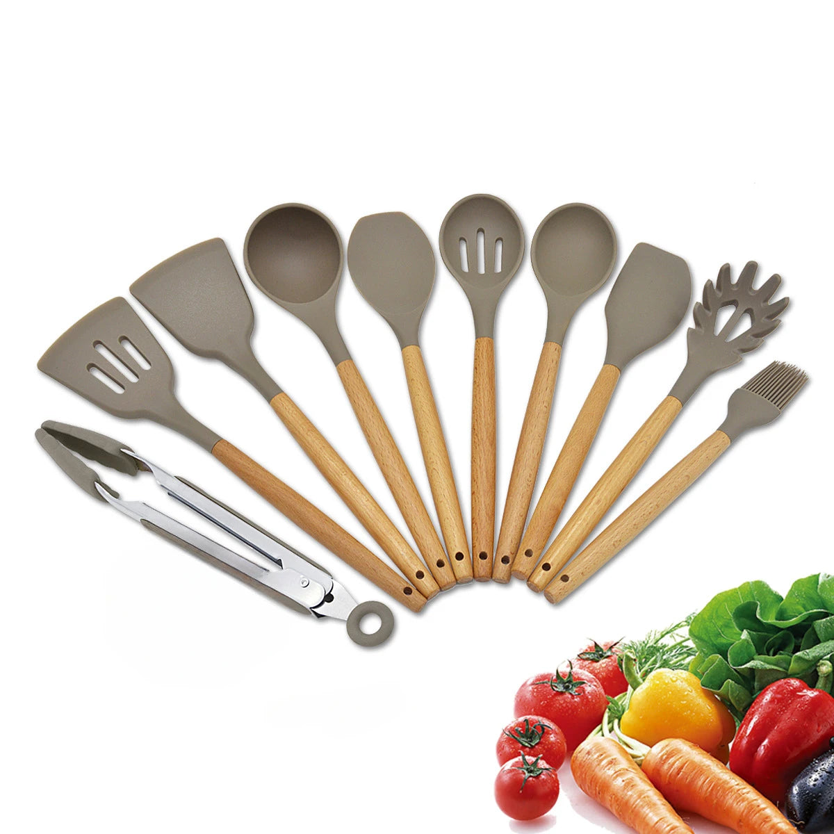 Silicone Cooking Utensils Wooden Handle Non-Stick Spatula Spoon Turner Soup Ladle Whisk Kitchen Cooking Tools Gadget.