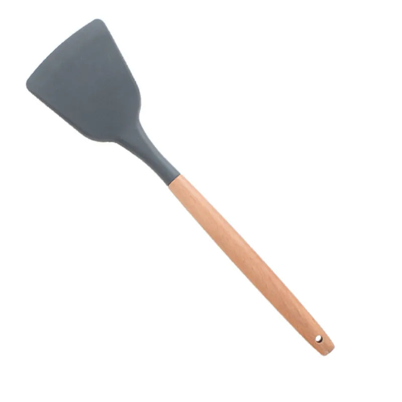 1PC Silicone Wood Turner Soup Spoon Spatula Brush Scraper Pasta Server Egg Beater Kitchen Cooking Tools Kitchenware Green/Pink.