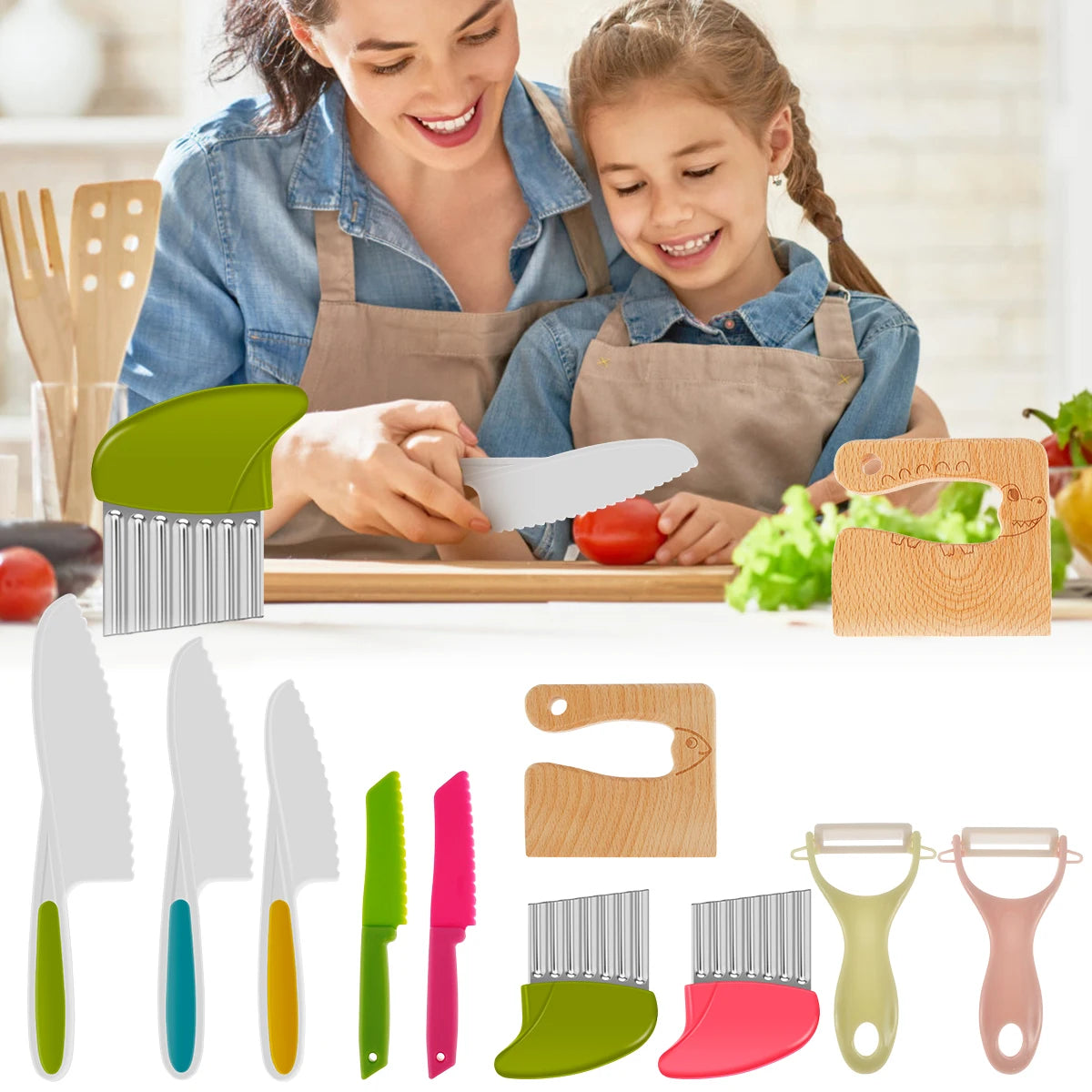 Kids Cooking Cutters Set - Safe Plastic Knives - Potato Crinkle Cutter
