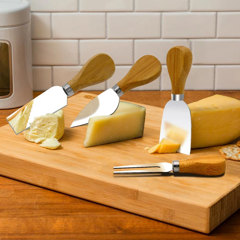 4pcs/set Wood Handle Knife Sets Bamboo Cheese Cutter Slicer Kitchen Cheedse Stainless Steel Knife Kitchen Cooking Accessories.