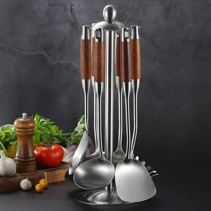 7-Pc Stainless Steel Kitchen Utensil Set with Holder  Wooden Handles