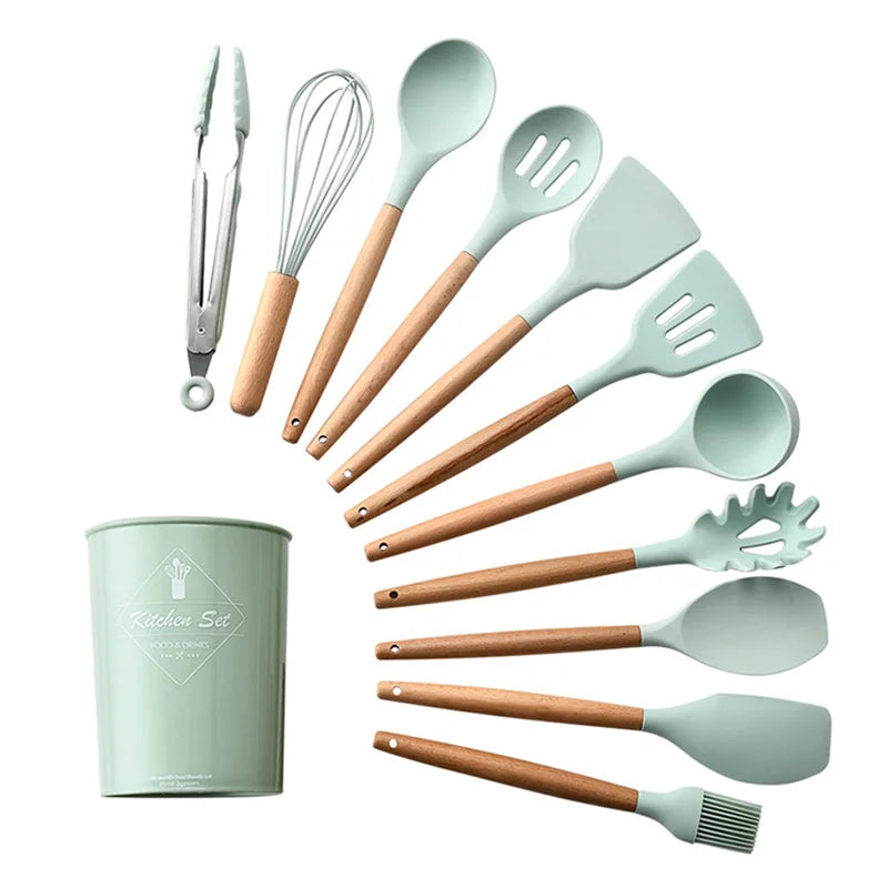 1PC Silicone Wood Turner Soup Spoon Spatula Brush Scraper Pasta Server Egg Beater Kitchen Cooking Tools Kitchenware Green/Pink.