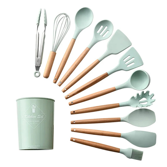1PC Silicone Wood Turner Soup Spoon Spatula Brush Scraper Pasta Server Egg Beater Kitchen Cooking Tools Kitchenware Green/Pink.