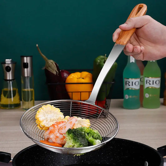 New 3 Sizes Wooden Handle Large Colander Stainless Steel French Fries Sieve Spoon Skimmer Home Cooking Gadgets Kitchen Utensils.