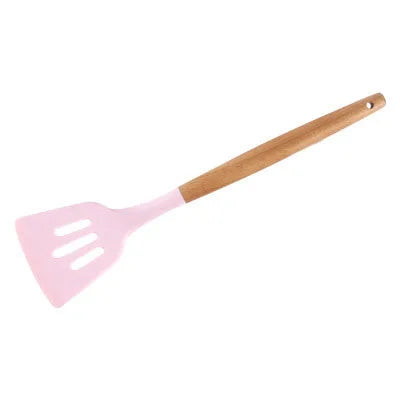 1PC Silicone Wood Turner Soup Spoon Spatula Brush Scraper Pasta Server Egg Beater Kitchen Cooking Tools Kitchenware Green/Pink.