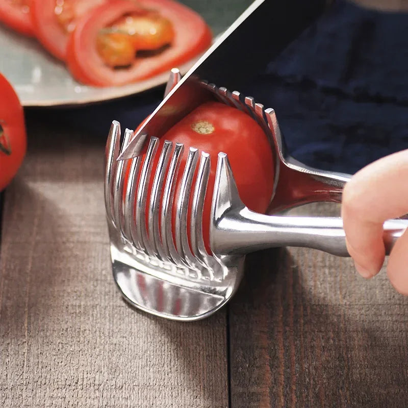 Kitchen Gadgets Handy Stainless Steel Onion Holder Potato Tomato Slicer Vegetable Fruit Cutter Safety Cooking Tools Accessories.