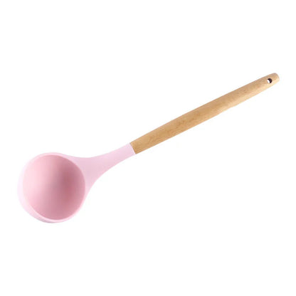 1PC Silicone Wood Turner Soup Spoon Spatula Brush Scraper Pasta Server Egg Beater Kitchen Cooking Tools Kitchenware Green/Pink.